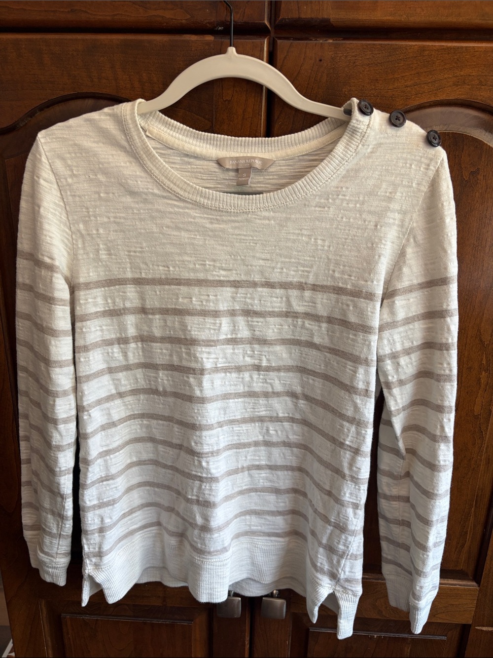 Banana Republic Cream and Tan Striped Button-Shoulder Sweater
